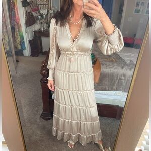 Chelsea & Violet Plisse ruffle maxi dress champagne color S